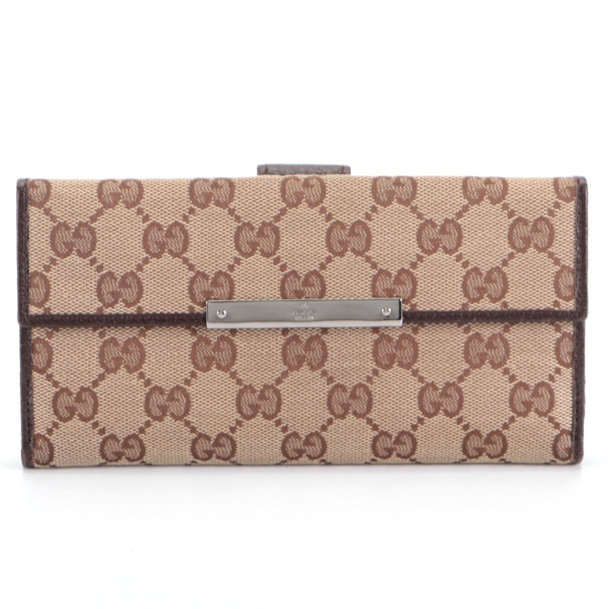 Gucci Long Wallet in Tan GG Canvas and Dark Brown Cinghiale Leather
