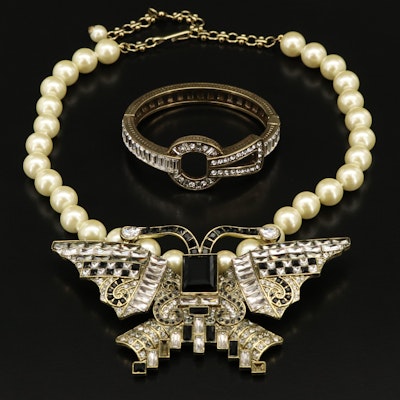 Heidi Daus "Eva Diva" Faux Pearl and Crystal Butterfly Necklace and Clamper