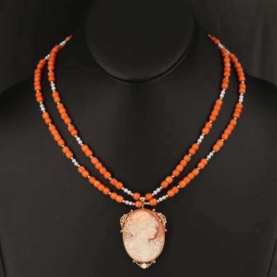 18K Cameo Converter Brooch on Coral, Pearl and 14K Bead Necklace