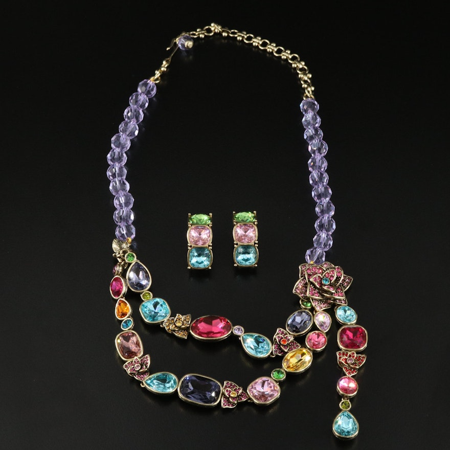 Heidi Daus Crystal Multi-Color Floral Side Drop Necklace and Earrings