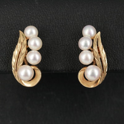 Mikimoto 14K Pearl Earrings with Leaf Detail