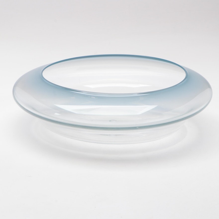 Chris Rockmore Clear Art Glass Bowl with Iridescent Blue Rim, 1982