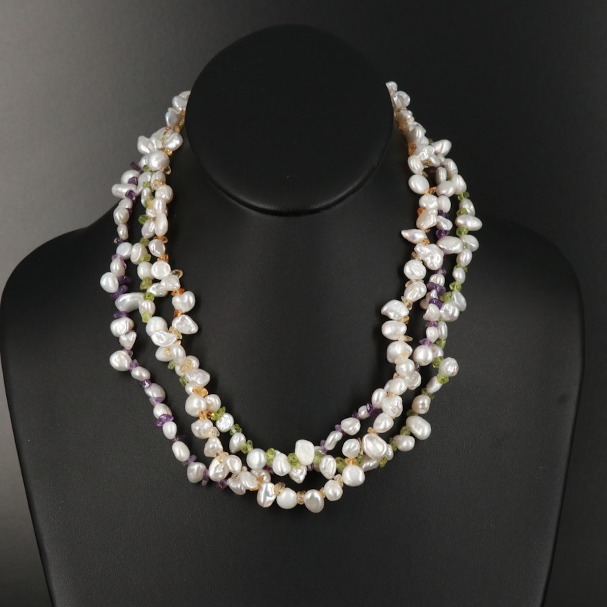 Pearl and Gemstone Triple-Strand Necklace with Sterling Clasp