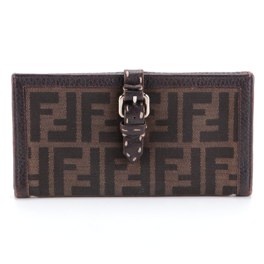 Fendi Long Wallet in Zucca Canvas and Dark Brown Leather