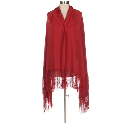 Red Silk Piano Shawl with Hand-Knotted Fringe