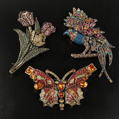Heidi Daus Crystal Brooches Featuring "Butterfly Kiss", Bird and Flowers