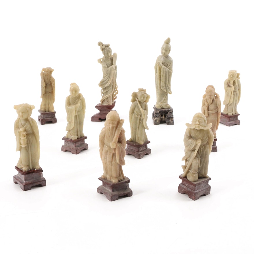 Chinese Hand-Carved Soapstone Guan Yin and Other Figures, Mid-20th Century