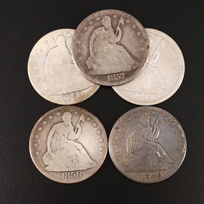 Five Seated Liberty Silver Half Dollars from the New Orleans Mint