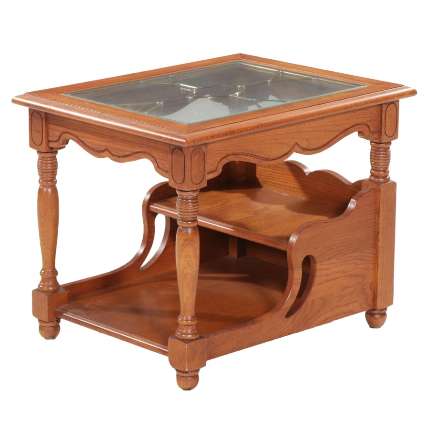 Oak Side Table with Glass Top, Late 20th to 21st Century