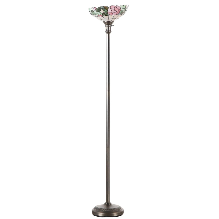 Contemporary Rose Slag Glass Metal Torchiere Floor Lamp