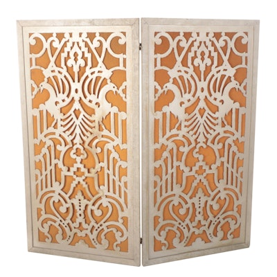 Hollywood Regency Style Silver Painted Cut Wood and Velvet Screen, Mid-20th C.