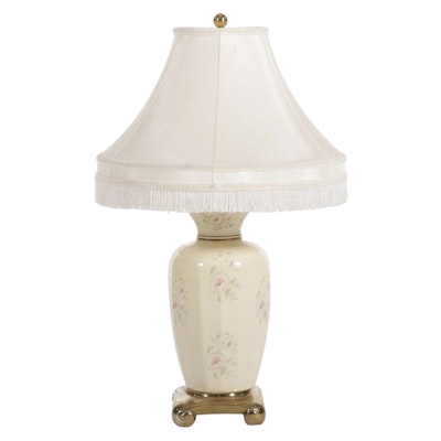 Ceramic and Brass Table Lamp with Fringe Lamp Shade, Late 20th Century