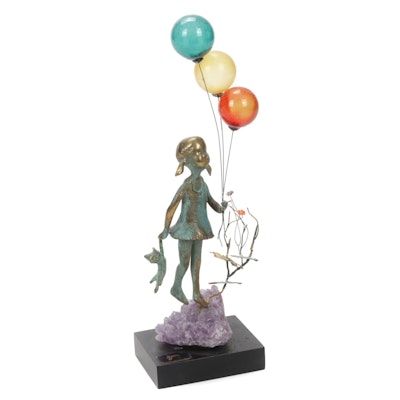 Malcolm Moran Mixed Media Sculpture of Girl Holding Balloons, Late 20th Century