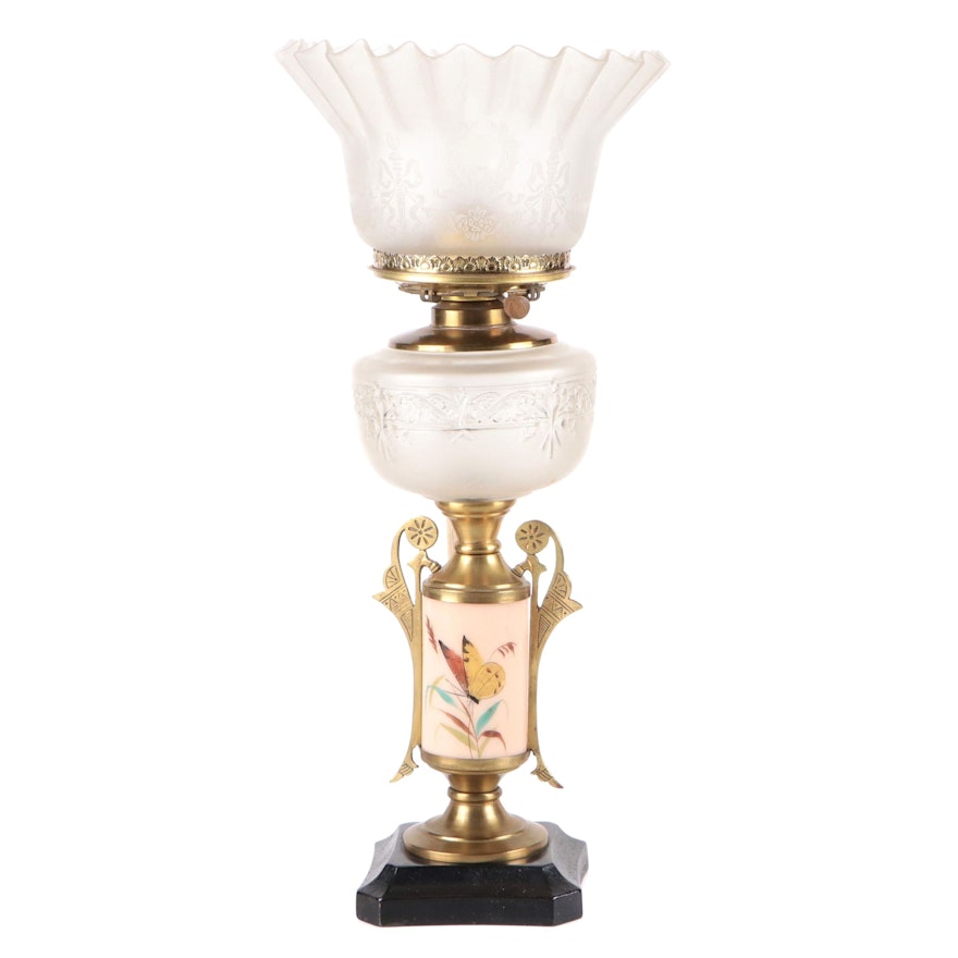 Late Victorian Brass Oil Lamp with Glass Base and Shade, Adapted