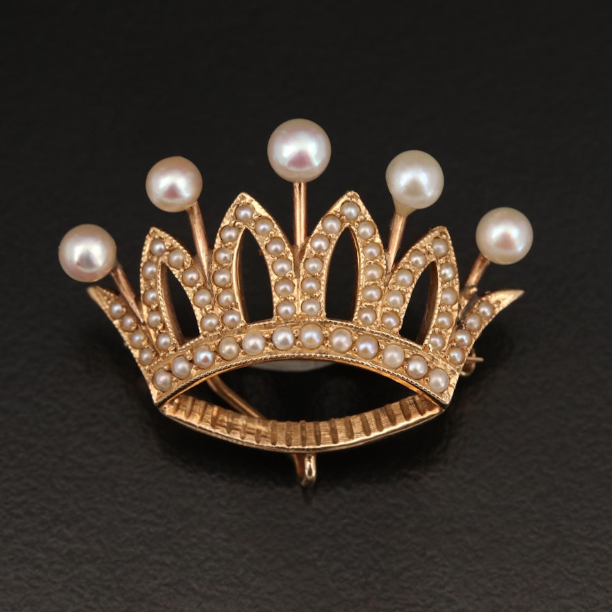 14K Seed Pearl Crown Brooch with Watch Hook