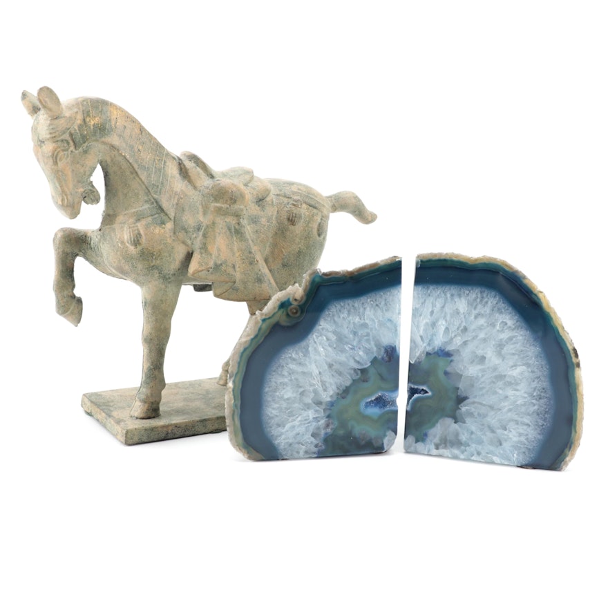 Dyed Agate Geode Bookends with Cast Metal Tang Style Horse Figure