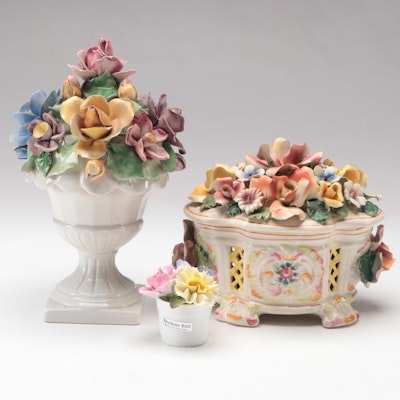 Italian and English Floral Appliqué Footed Boxes and Figurine