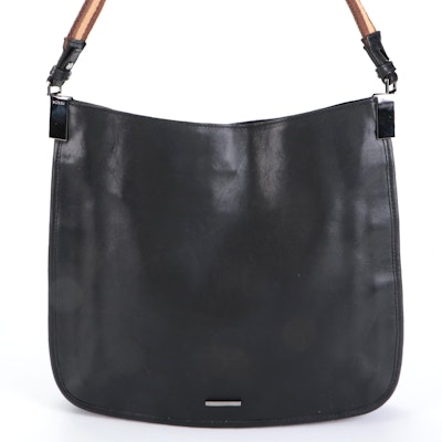 Gucci Small Flat Shoulder Bag in Black Calfskin Leather with Webbing Strap