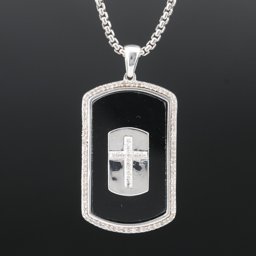 Sterling Black Onyx and Diamond Cross Dog Tag Pendant Necklace