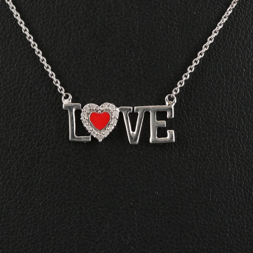 Sterling Diamond and Enamel "Love" Necklace