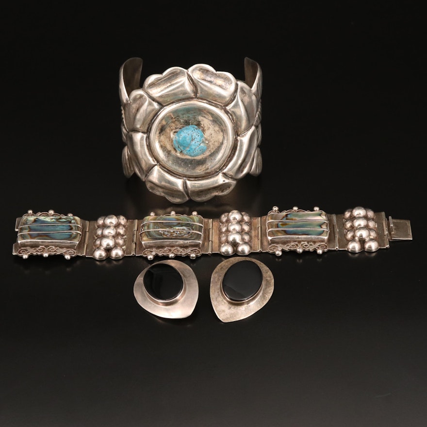 Sterling Bracelets and Earrings Featuring Abalone and Black Onyx