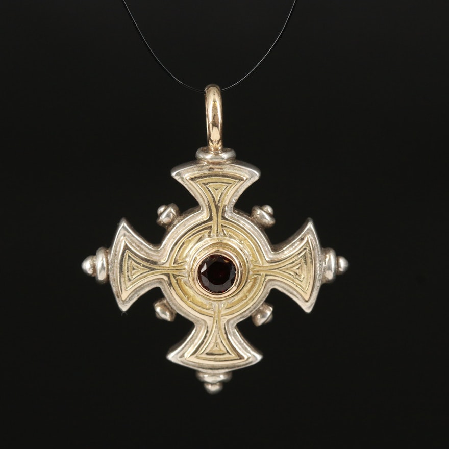 Sterling Garnet Cross Pendant with 18K Accents