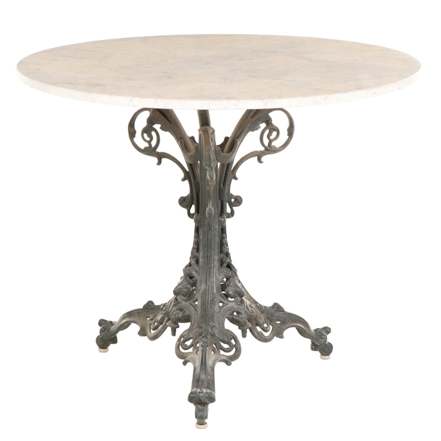 Brown Jordan Verdigris-Patinated and Cast Aluminum Garden Table with Marble Top