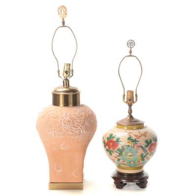 Chinese Enameled Glazed Ceramic Table Lamp and Paul Hanson Terracotta Table Lamp
