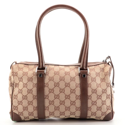 Gucci Small Boston Bag in GG Canvas and Brown Leather