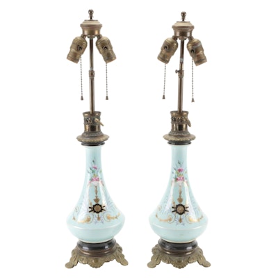 Pair of Hand-Painted French Glass Vase Table Lamps, 19th Century and Adapted