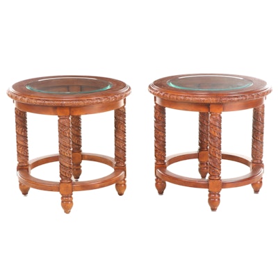 Pair of Classical Style Carved Hardwood and Glass Top Side Tables