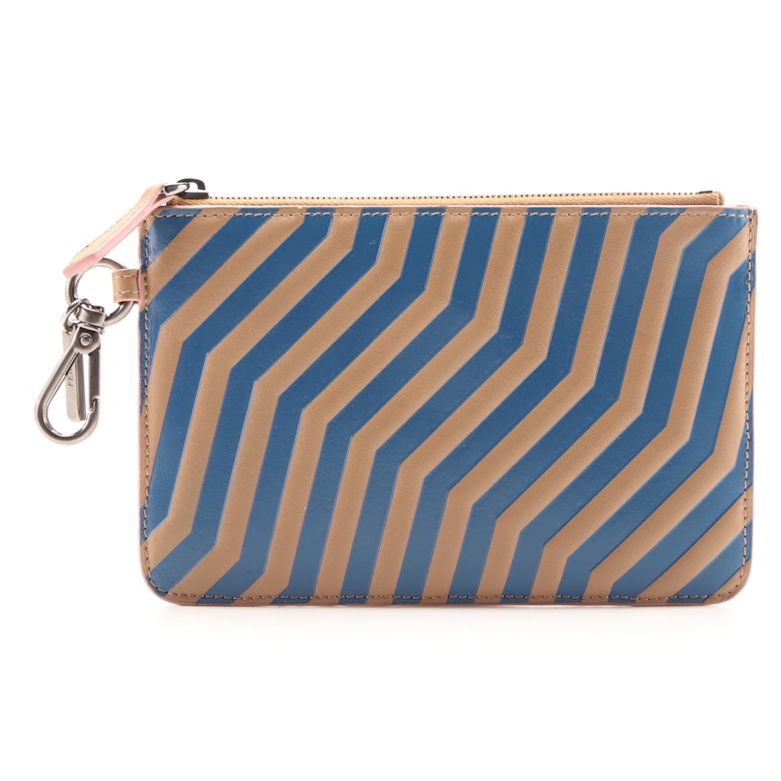 Fendi Zip Pouch in Geometric Blue and Brown Embossed Leather