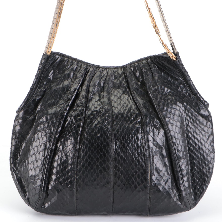 Judith Leiber Pleated Handbag in Black Snakeskin with Chain Handles