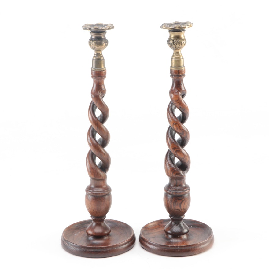 English Style Carved Wood and Brass Barley Twist Spiral Candlesticks