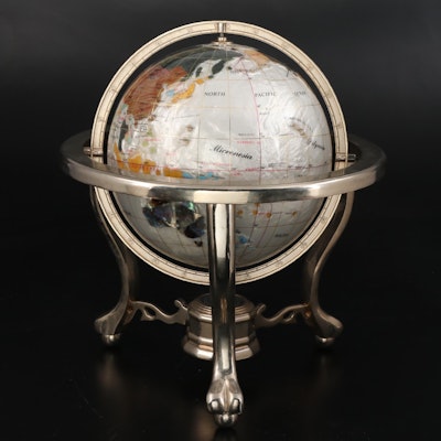Abalone, Granite, Mother of Pearl and Gemstone Tabletop Globe and Compass