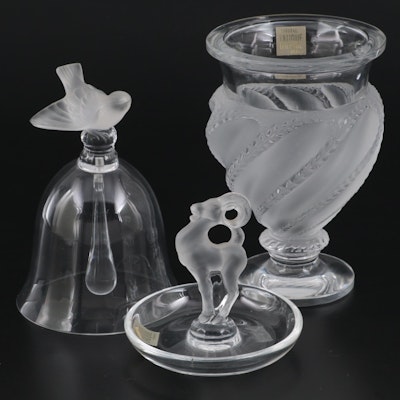 Lalique Crystal “Ermenonville” Vase, “Bastia” Pin Tray, and “Table Bells” Bell