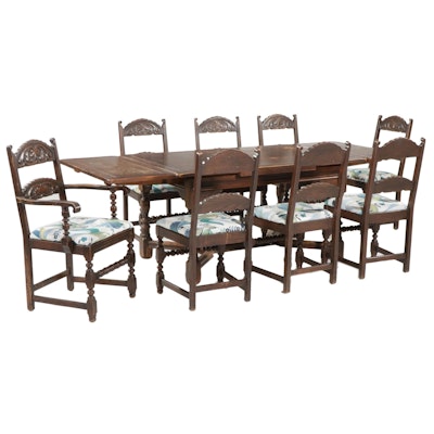 Jacobean Style Oak Dining Table and Eight Chairs, Mid to Late 20th Century