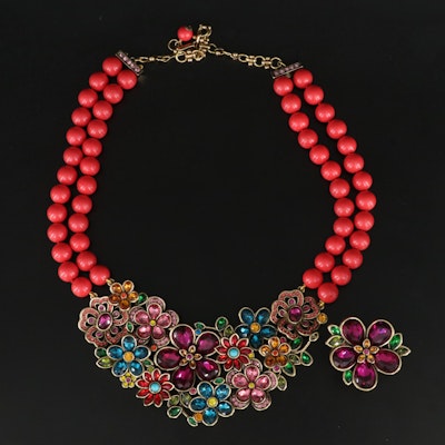 Heidi Daus "Flower Show" Crystal and Faux Coral Necklace and Ring Set with Box