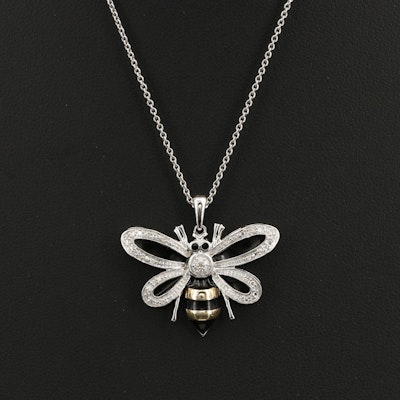 Sterling Diamond and Enameled Bee Pendant Necklace