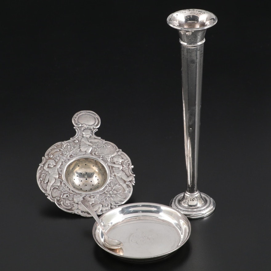 Sterling Silver Vase, Coaster and Salt Spoon with 800 Silver Tea Strainer