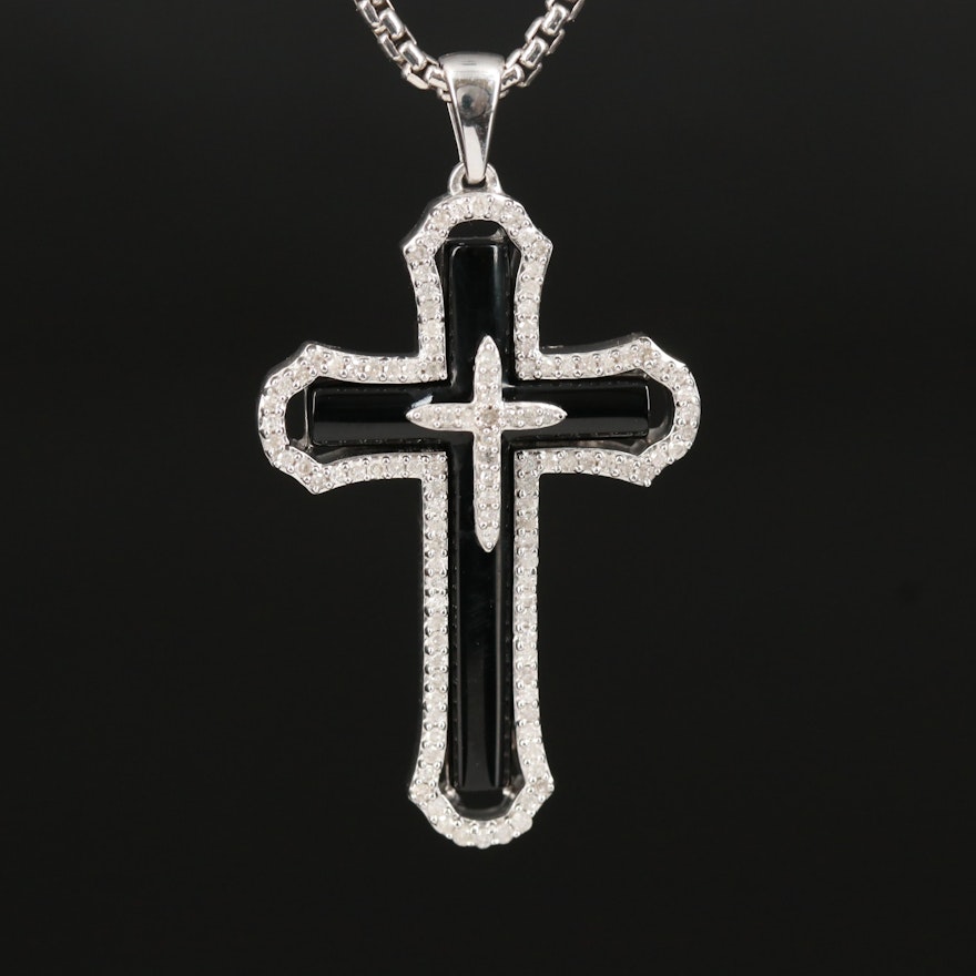 Sterling Diamond and Black Onyx Cross Pendant Necklace