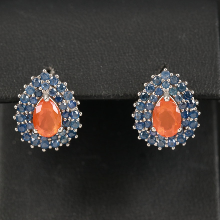 Sterling Fire Opal and Sapphire Teardrop Earrings