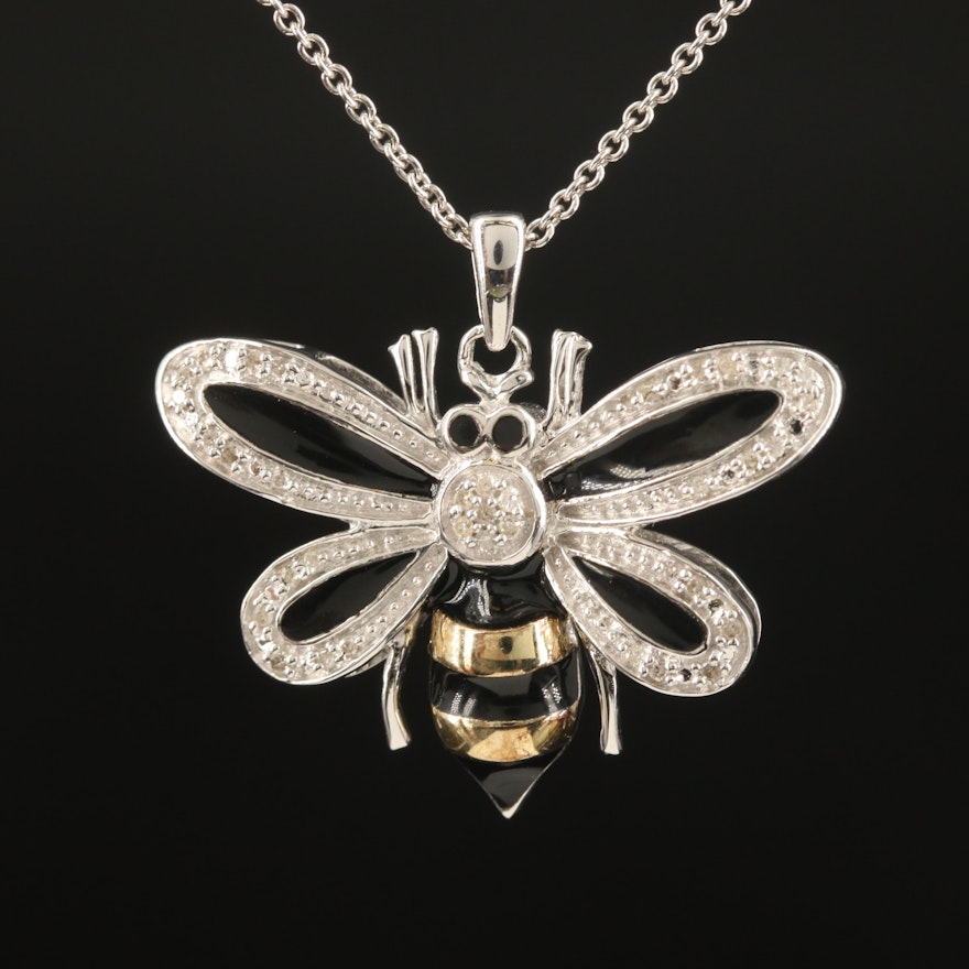 Sterling Diamond Bee Pendant Necklace