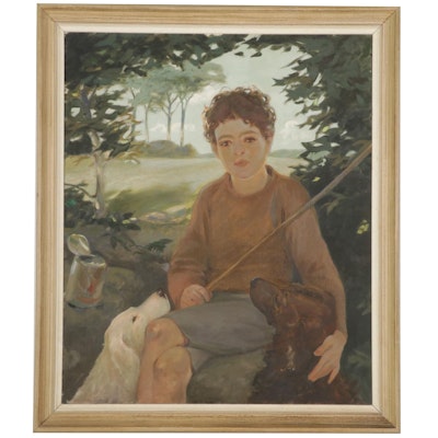 Portrait Oil Painting of Young Boy and Dogs, Early-Mid 20th Century