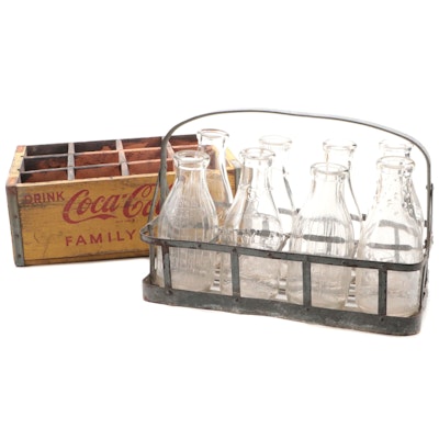 "Coca-Cola" Crate and Glass Milk Bottles Including "Bordens" and More
