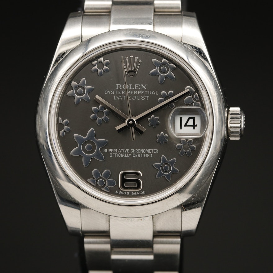 Rolex Datejust Floral Rhodium Dial Stainless Steel Wristwatch