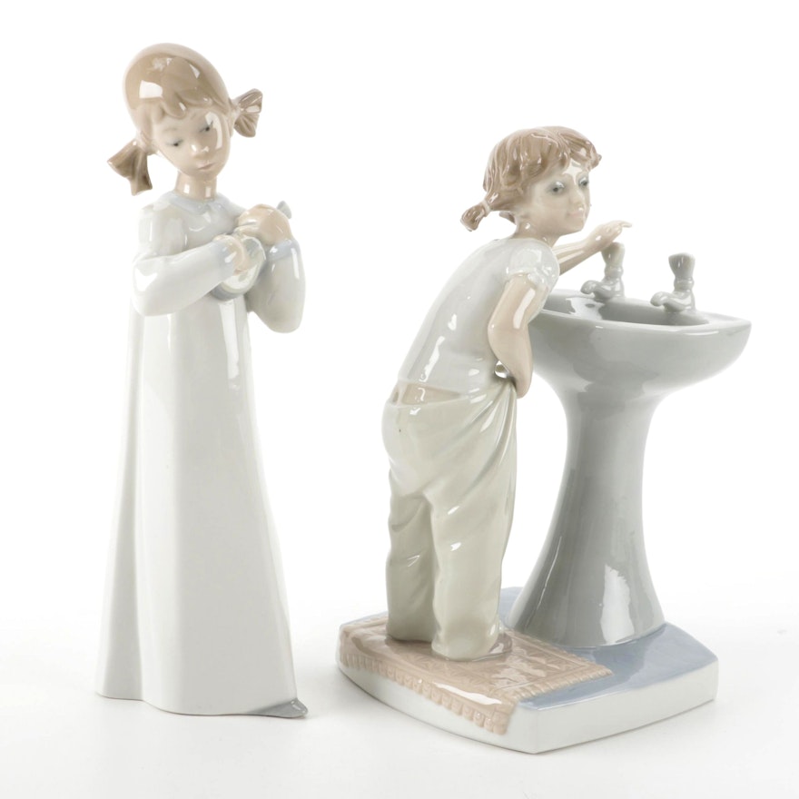 Lladró "Girl with Guitar" and "Clean-Up Time" Porcelain Figurines