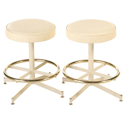 Pair of Cal-Style Modernist Powder-Coated Metal and Brass Swivel Counter Stools