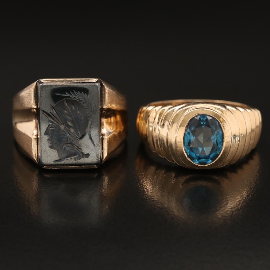 10K Faceted Topaz and Hematite Intaglio Rings
