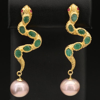 Sterling Ruby, Emerald and Gemstone Serpent Earrings
